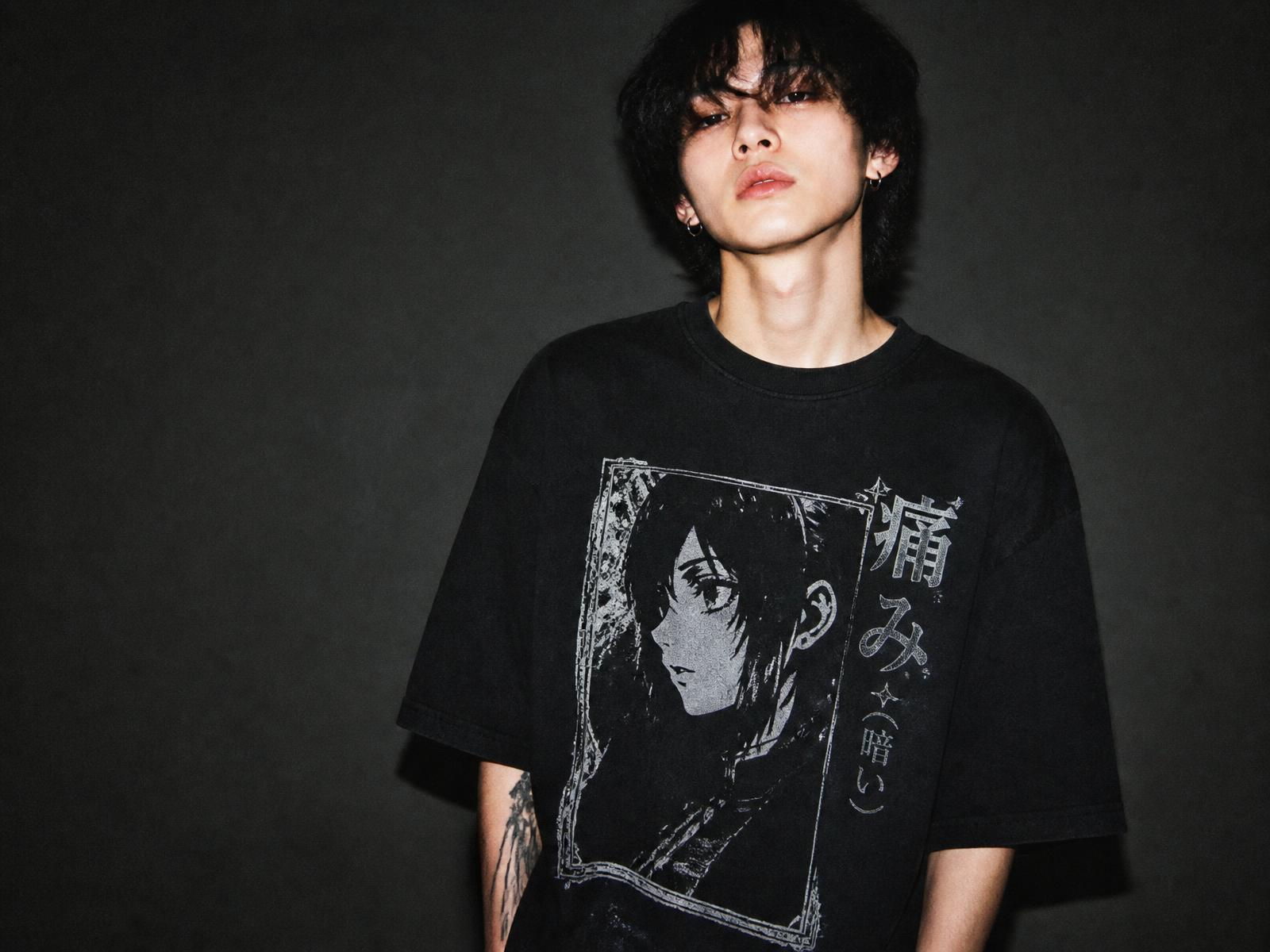 SOCIALLY/LEWD campaign portrait in a printed anime graphic tee